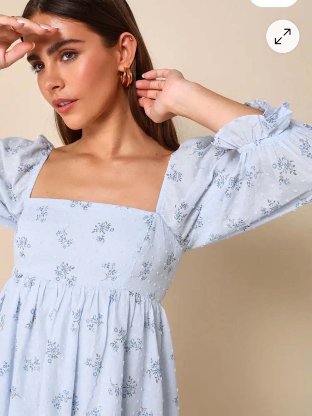 Lulus Always Charming blue Floral Swiss Dot peasant cottagecore Babydoll Dress